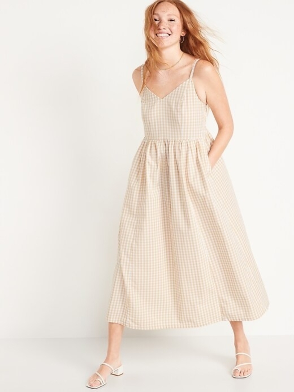 Old Navy Beige Yellow White Cream Gingham Maxi Dress XS